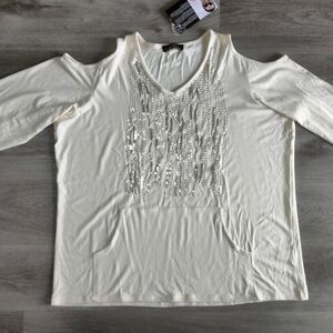 NWT Joan Boyce 2 Piece Outfit Cream Cold Shoulder Top Pants 2 XL